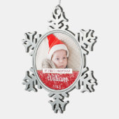 Eerste kerstscript Baby Foto Tin Sneeuwvlok Ornament (Rechts)