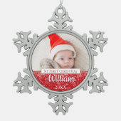 Eerste kerstscript Baby Foto Tin Sneeuwvlok Ornament (Voorkant)