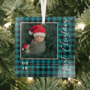 Eerste kerstscript Baby geboorte Stats & foto's Glas Ornament