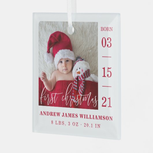 Eerste kerstscript Baby geboorte Stats & foto's Glas Ornament (Voorkant links)
