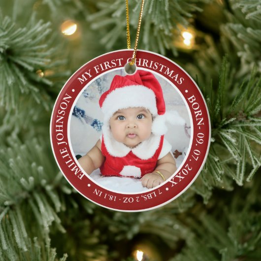 Eerste kerstscript Baby geboorte Stats & foto's Keramisch Ornament (Boom)