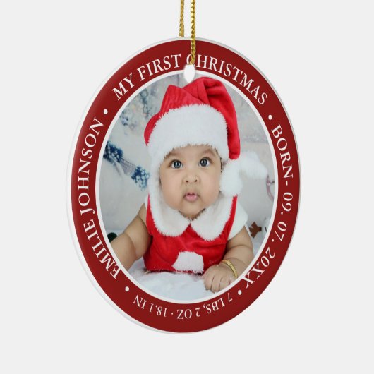 Eerste kerstscript Baby geboorte Stats & foto's Keramisch Ornament (Rechts)
