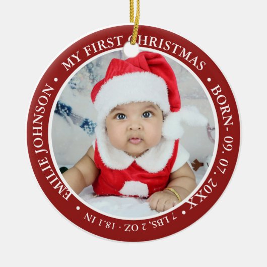 Eerste kerstscript Baby geboorte Stats & foto's Keramisch Ornament (Voorkant)