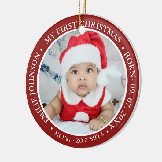 Eerste kerstscript Baby geboorte Stats & foto's Keramisch Ornament (Links)