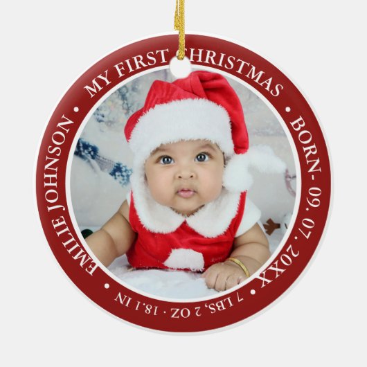 Eerste kerstscript Baby geboorte Stats & foto's Keramisch Ornament (Achterkant)