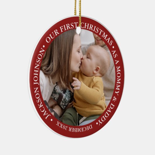 Eerste kerstscript Baby geboorte Stats & foto's Keramisch Ornament (Rechts)