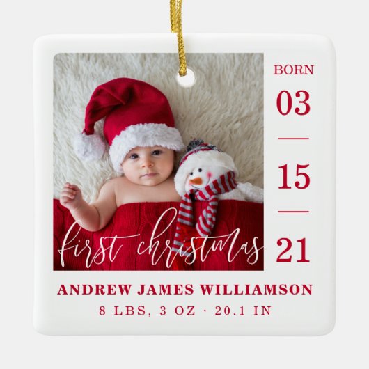 Eerste kerstscript Baby geboorte Stats & foto's Keramisch Ornament (Voorkant)