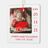 Eerste kerstscript Baby geboorte Stats & Photo Ce Keramisch Ornament (Links)