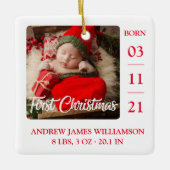 Eerste kerstscript Baby geboorte Stats & Photo Ce Keramisch Ornament (Voorkant)
