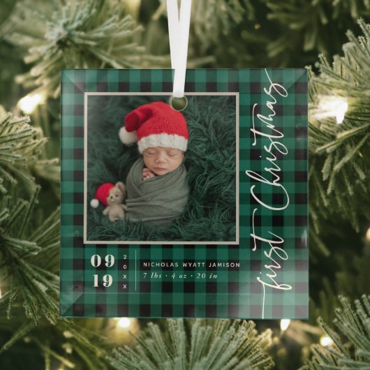 Eerste kerstscriptie Baby Geboorte Stats & Foto Glas Ornament (Insitu)