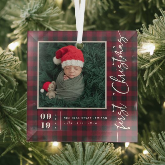 Eerste kerstscriptie Baby Geboorte Stats & Foto Glas Ornament (Insitu)