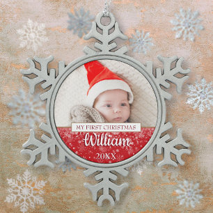 Eerste kerstscriptie babyfoto tin sneeuwvlok ornament