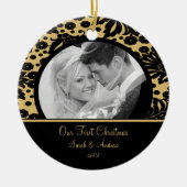 Eerste kerstsierfoto Gold & backDamask Keramisch Ornament (Voorkant)