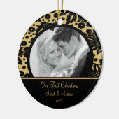Eerste kerstsierfoto Gold & backDamask Keramisch Ornament (Links)