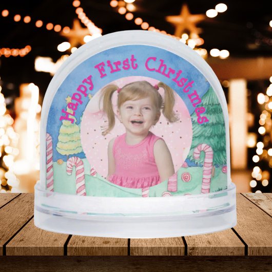 Eerste Kerstsnoep Cane Foto Sneeuw Wereldbol Sneeuwbol