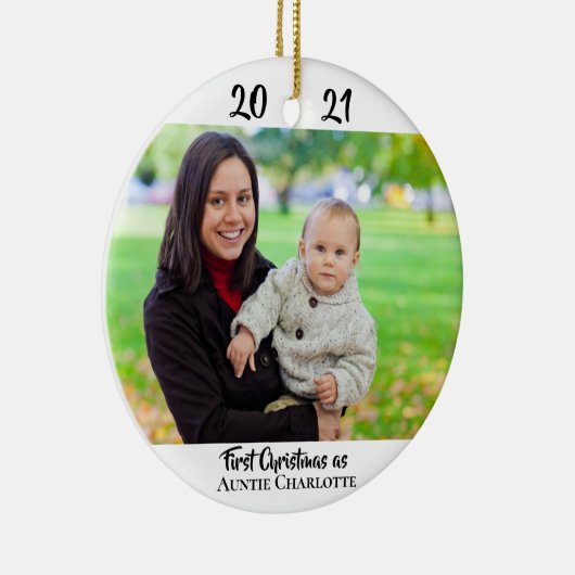 Eerste kersttante 2 Foto 2 met modern script Keramisch Ornament (Rechts)