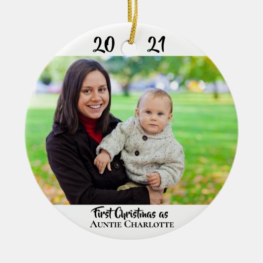 Eerste kersttante 2 Foto 2 met modern script Keramisch Ornament (Voorkant)
