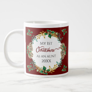 Eerste Kersttante Foto Holly Pine Kegels Goud Grote Koffiekop