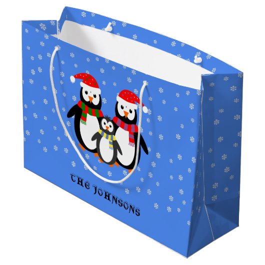Eerste kersttekst pinguïnblauw groot cadeauzakje (Achterkant Gekanteld)