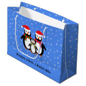 Eerste kersttekst pinguïnblauw groot cadeauzakje (Voorkant Gekanteld)