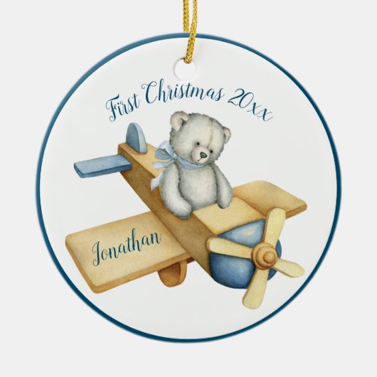 Eerste kersttong Blue Waterverf Beer Keramisch Ornament (Voorkant)