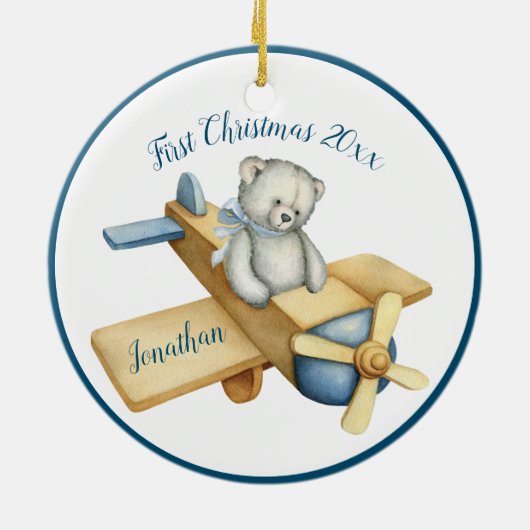 Eerste kersttong Blue Waterverf Beer Keramisch Ornament (Achterkant)