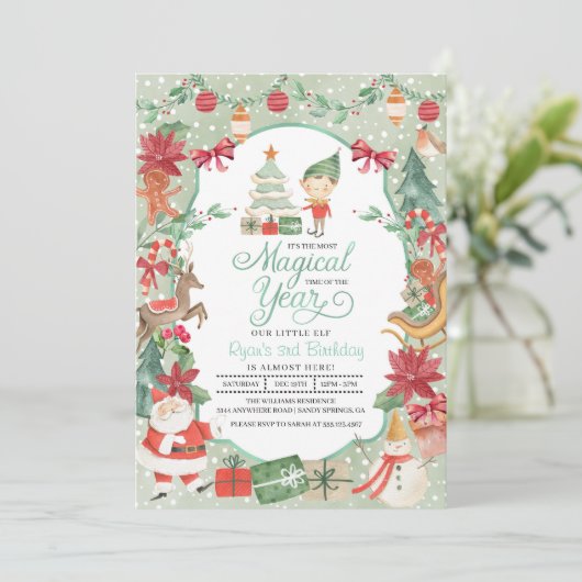 Eerste kerstuitnodiging Elf Birthday Kaart (Staand voorkant)