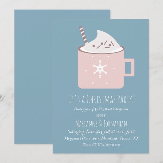 Eerste kerstuitnodiging voor blauwe roze cacao kaart (Voorkant / Achterkant)