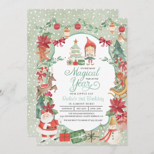 Eerste kerstuitnodiging voor Elf Birthday Kaart (Voorkant / Achterkant)
