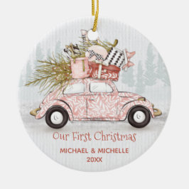 Eerste kerstvakantiewagen keramisch ornament