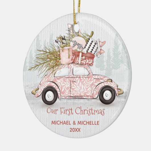Eerste kerstvakantiewagen keramisch ornament (Links)