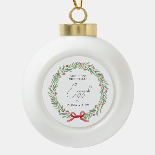 Eerste kerstverloofde gepersonaliseerde kerstcadea keramische bal ornament (Voorkant)