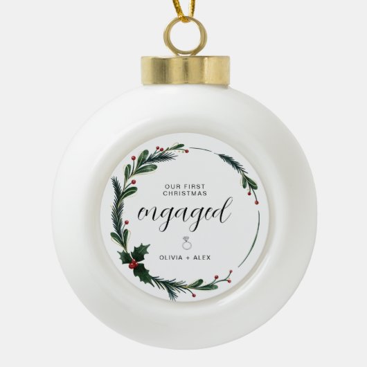 Eerste kerstverloofde gepersonaliseerde paar cadea keramische bal ornament (Voorkant)