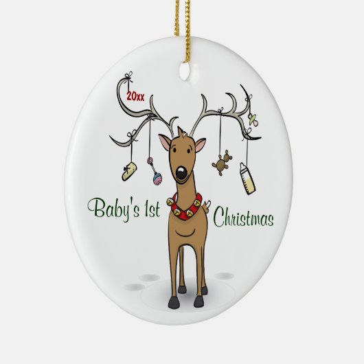 Eerste kerstversiering baby - rendierfoto keramisch ornament (Rechts)