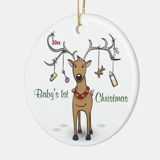 Eerste kerstversiering baby - rendierfoto keramisch ornament (Links)