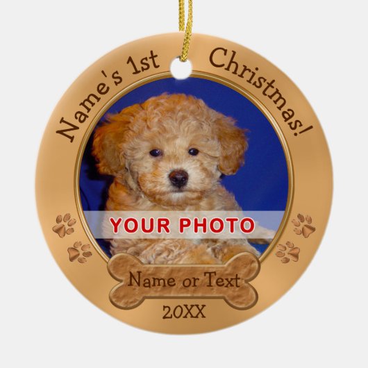 Eerste kerstversiering van Puppy 2 FOTO'S, TEKST Keramisch Ornament (Voorkant)