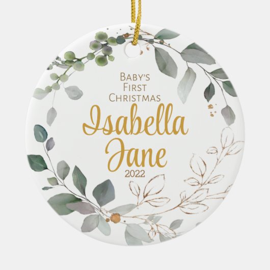 Eerste kerstversiering voor baby's, goud en groen keramisch ornament (Voorkant)