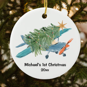 Eerste kerstvliegtuigboomreis gepersonaliseerd keramisch ornament
