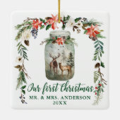 Eerste kerstWaterverf Floral Deer Green Keramisch Ornament (Achterkant)