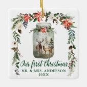 Eerste kerstWaterverf Floral Deer Green Keramisch Ornament (Voorkant)