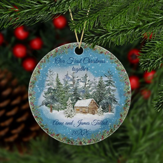 Eerste kerstWaterverf Winter Scene Keramisch Ornament