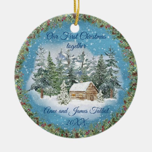 Eerste kerstWaterverf Winter Scene Keramisch Ornament (Voorkant)