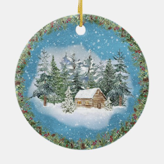 Eerste kerstWaterverf Winter Scene Keramisch Ornament (Achterkant)