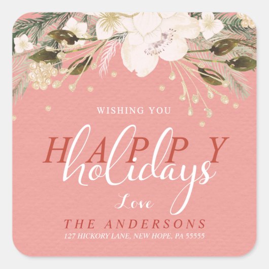 Eerste kerstWaterverf Winterbloemen Terugkeeradres Vierkante Sticker (Voorkant)