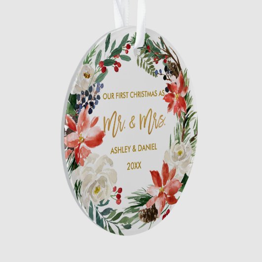 Eerste Kerstwinter Bloemen Goud Foto Terug Ornament (voorkant)