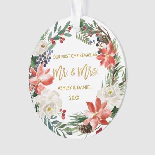 Eerste Kerstwinter Bloemen Goud Foto Terug Ornament (voorkant)