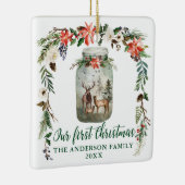 Eerste kerstwinter Floral Deer Family Green Keramisch Ornament (Rechts)