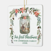 Eerste kerstwinter Floral Deer Family Green Keramisch Ornament (Links)