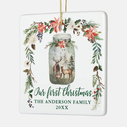 Eerste kerstwinter Floral Deer Family Green Keramisch Ornament (Links)