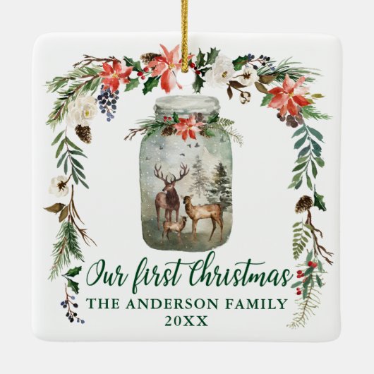 Eerste kerstwinter Floral Deer Family Green Keramisch Ornament (Achterkant)